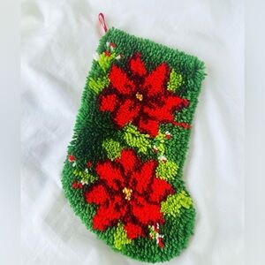 Vintage 70s 80s Handmade Knit Work Christmas Stocking poinsettia Mod Kitsch